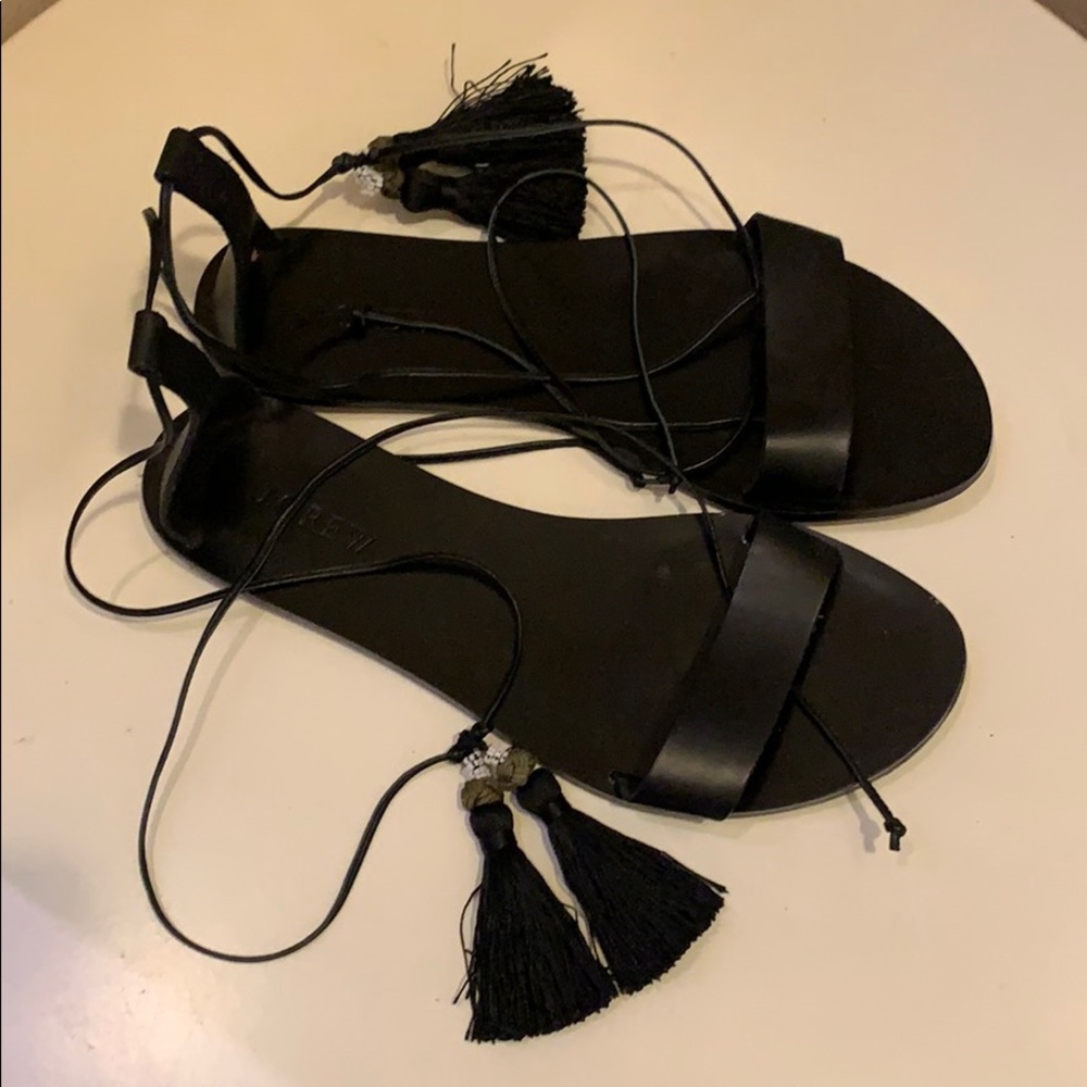 J. Crew Black Leather Tassel Lace-Up Sandals